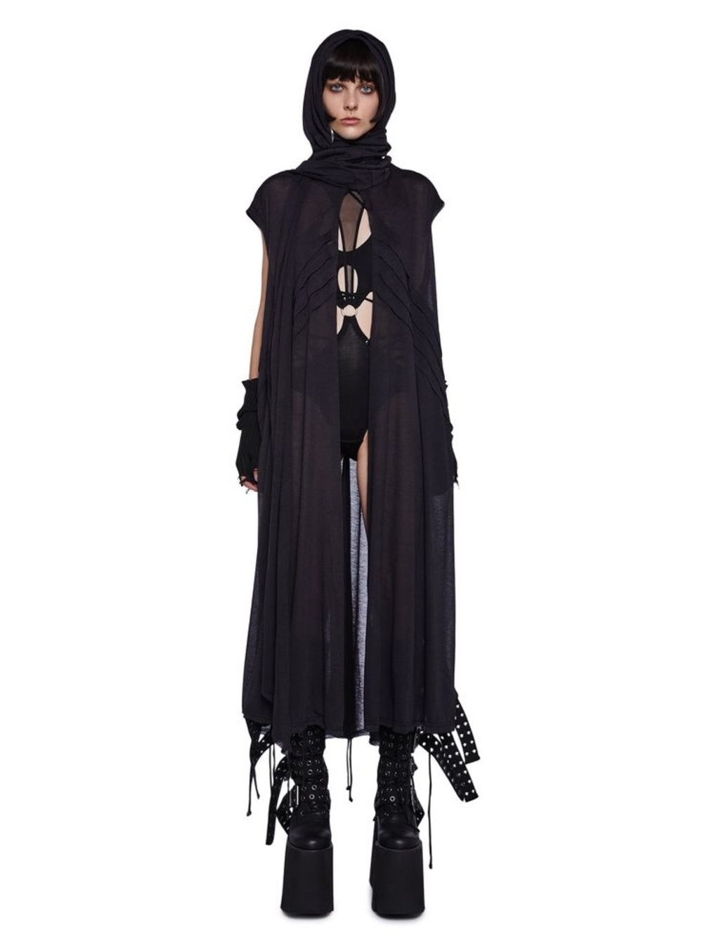 DARKER WAVS Dolls Kill Tempo Unisex Split Front Cardigan Hooded Duster Vest S